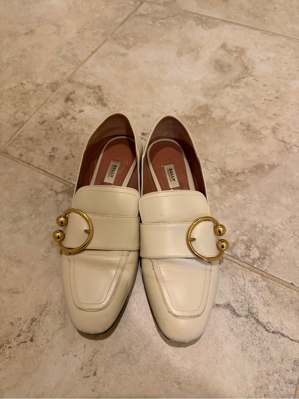 Bally Cream Leather Loafers with Gold Ring Accent